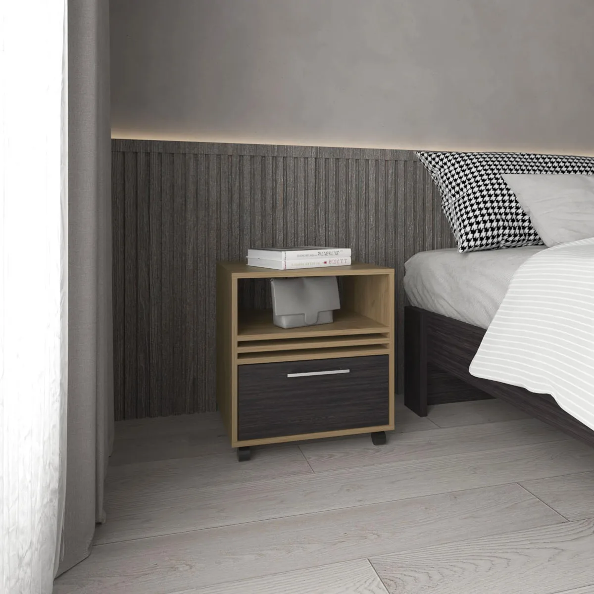 tuphen tuphen Nightstand 1 Drawer 4 Wheels 1 Shelf Natural Oak Black Bedroom Set — product photo