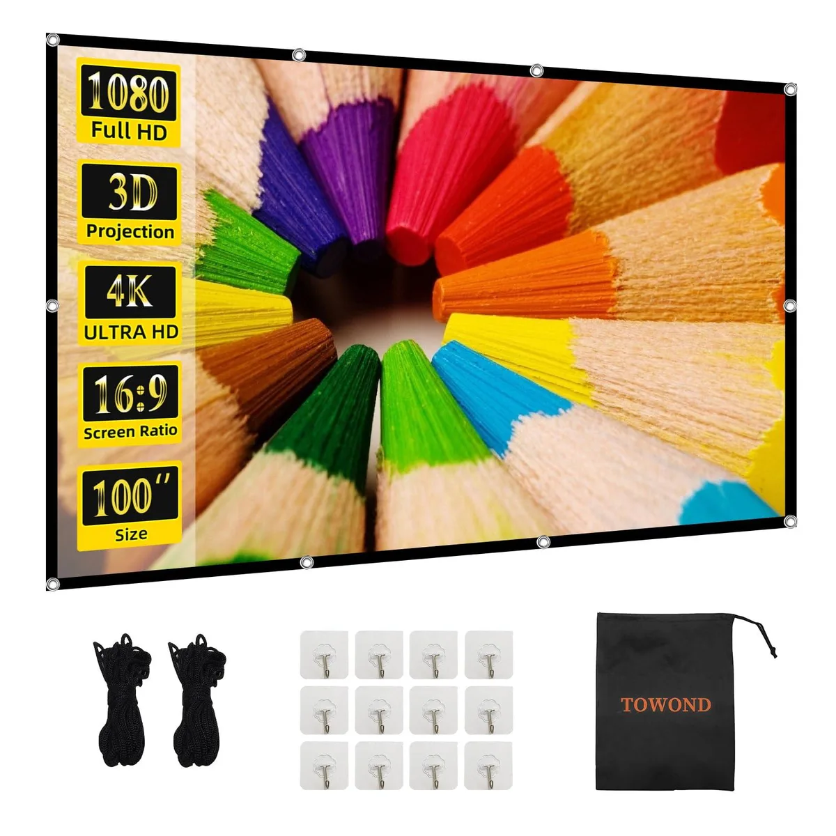 White rectangular 100 inch projector screen with hooks and ropes