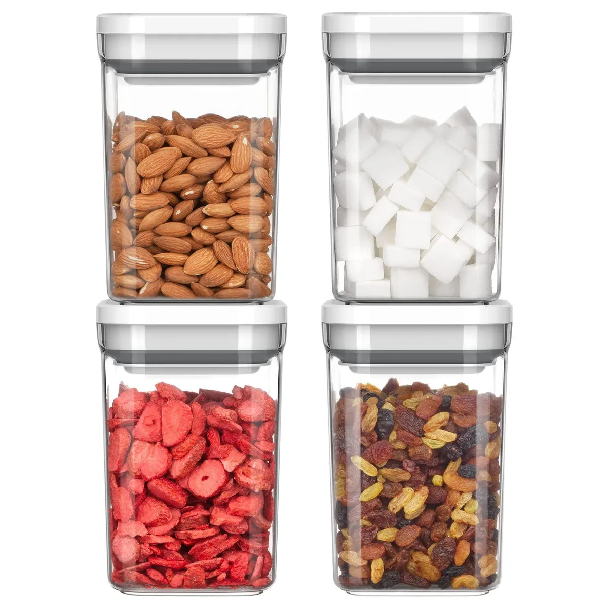Four red rectangular silicone containers with white squeeze-button lids, stacked together
