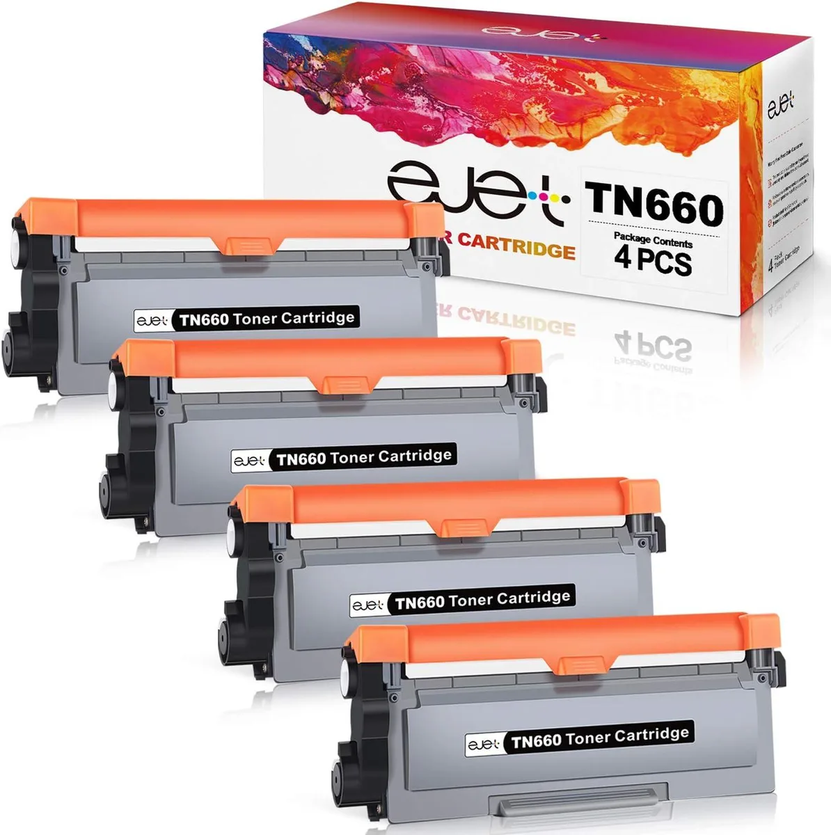 Four black rectangular toner cartridges in white packaging