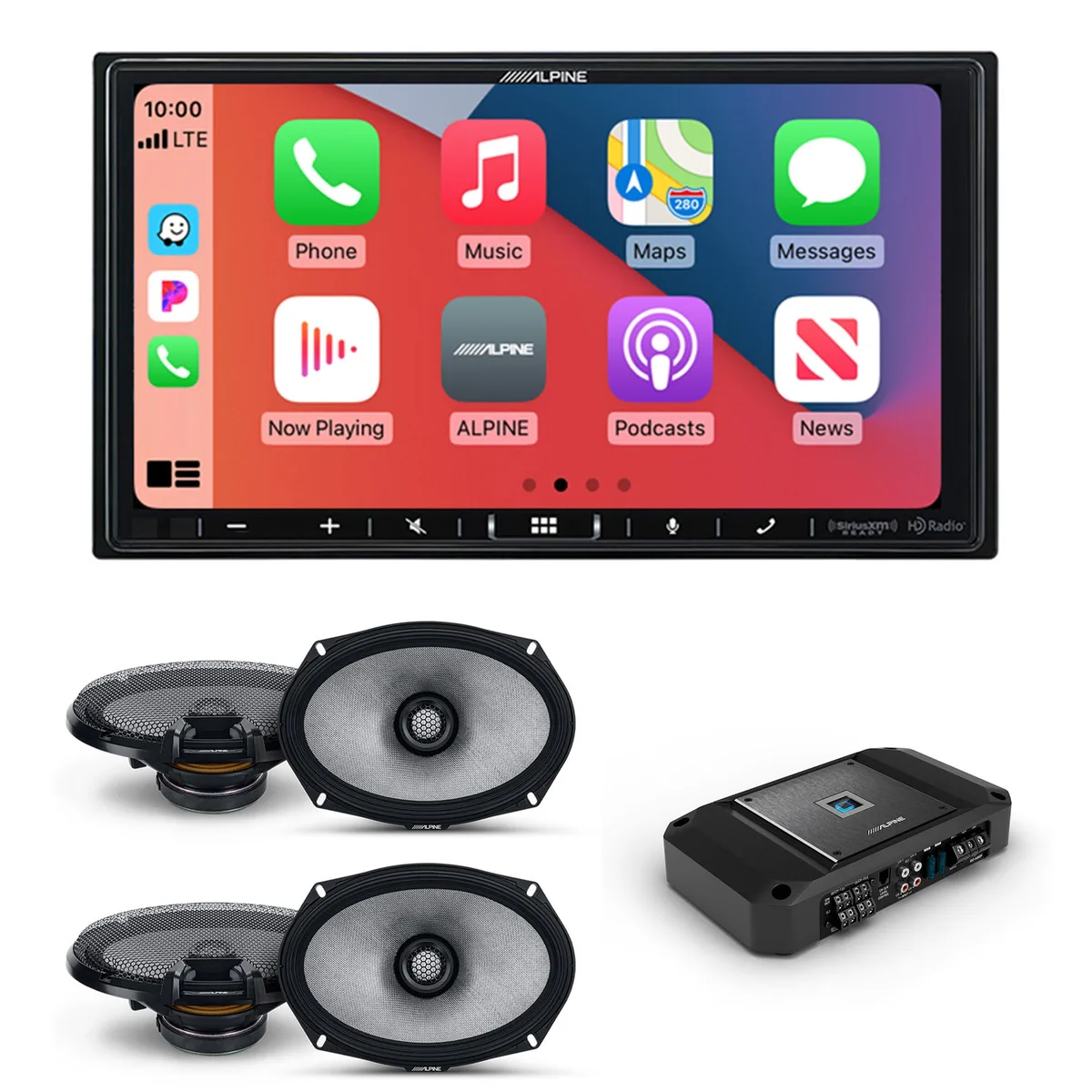 Alpine Alpine iLX-407 Receiver, R2-A60F 4-Channel Amp, (2) R2-S69 6x9" Speakers — product photo