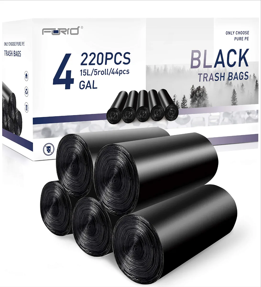 Three white packs of 4 gallon plastic garbage bags