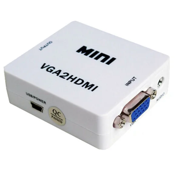 White compact VGA to HDMI converter box with 3.5 mm audio jack