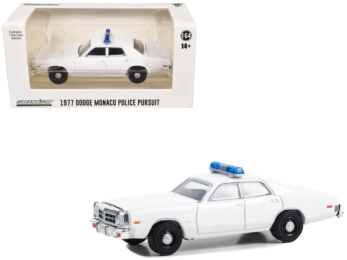 GREENLIGHT GREENLIGHT 1977-78 Dodge Monaco Police Pursuit White Light Bar Hot Pursuit Hobby Exclusive 1/64 Diecast — product photo