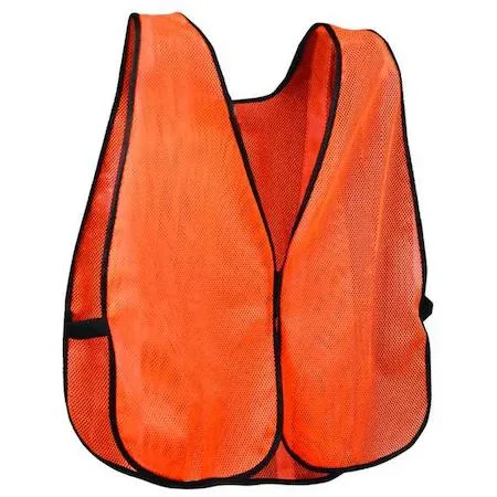 Orange polyester mesh safety vest with hook-and-loop closure and elastic side straps