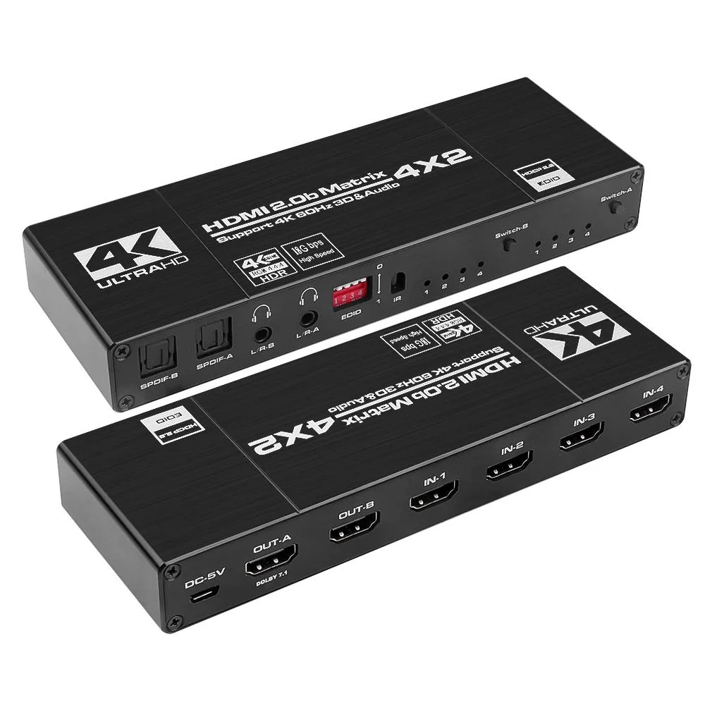 ESTONE ESTONE OZJ1-1 4x2 HDMI Matrix Switch 4K 60Hz IR Remote EDID HDMI 2.0b HDCP 2.2 HDR10 — product photo