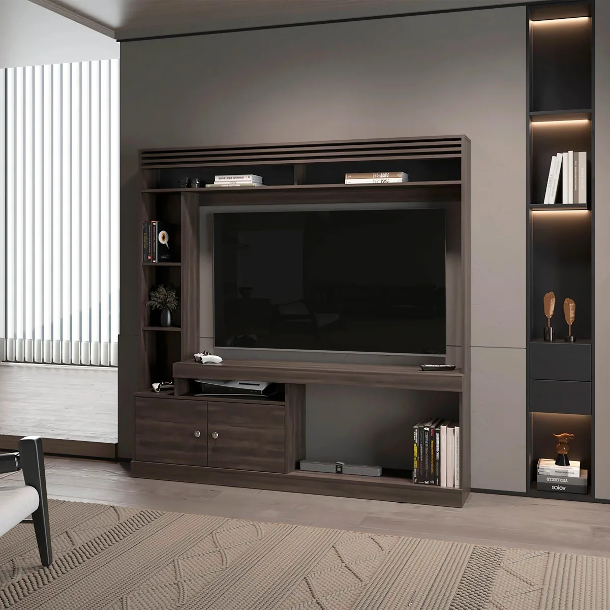 Stained walnut entertainment center with two doors and open shelving
