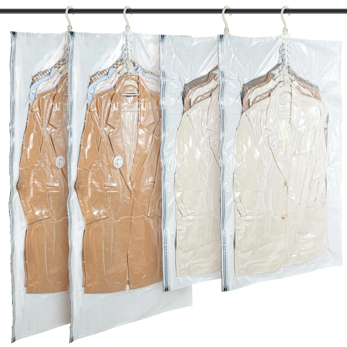 Four translucent hanging vacuum bags, two long and two short, with reinforced hooks and double zippers