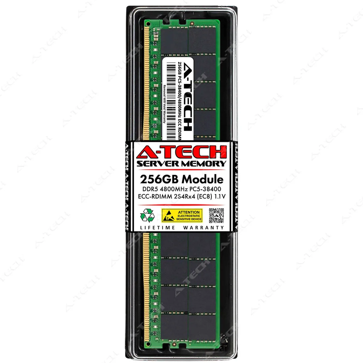 Green DDR5 server RDIMM with black heatspreader and gold contacts