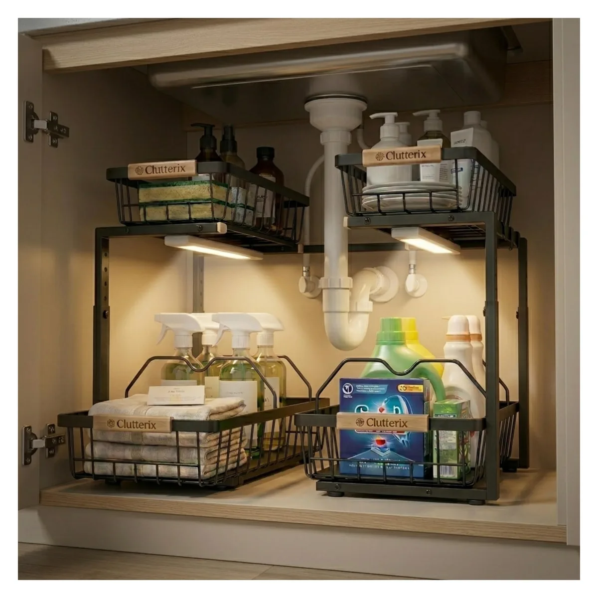 Two black carbon steel under-sink organizers with sliding L-shaped tiers, dividers, hooks, and magnetic LED lights