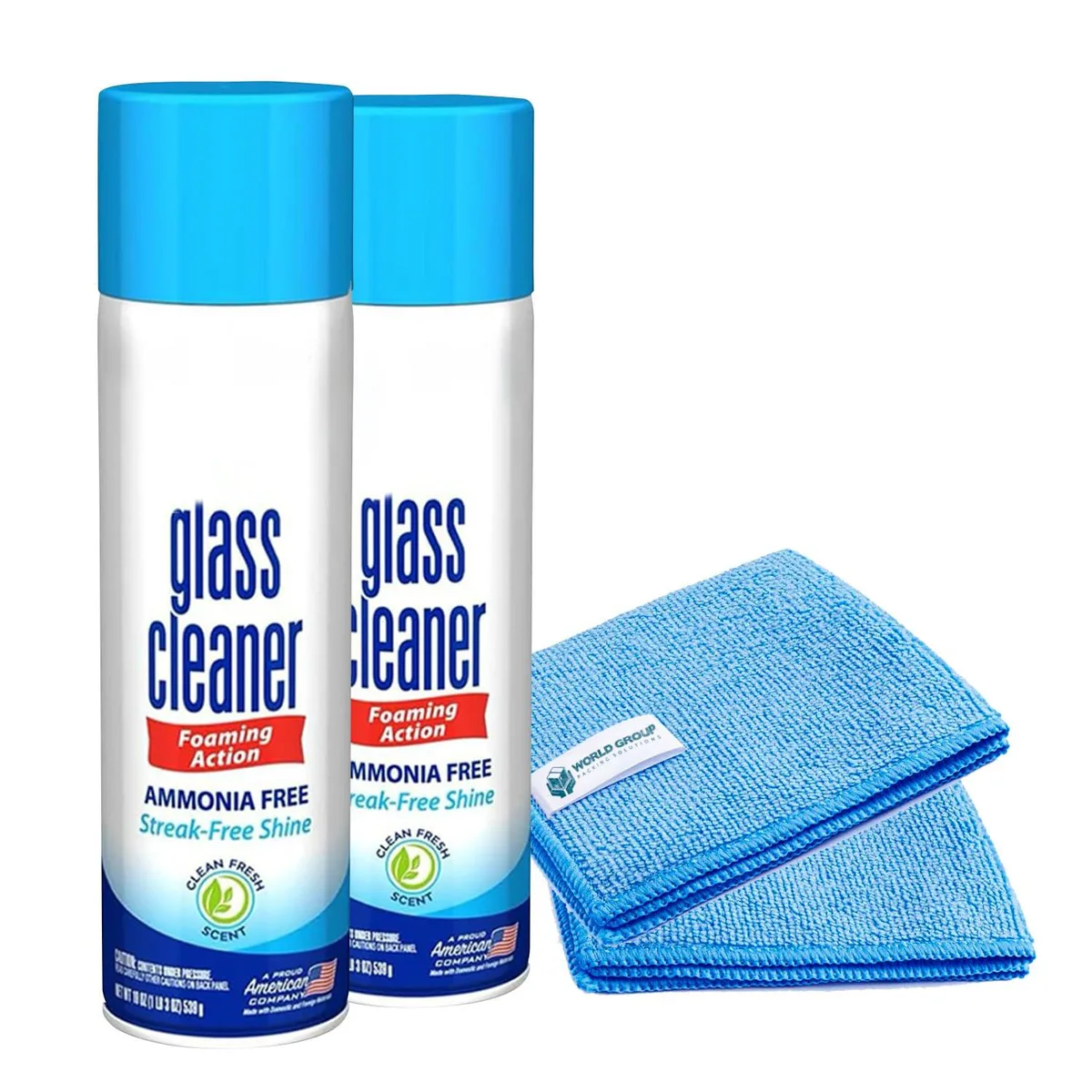 Two 19oz foam cans and two microfiber cloths