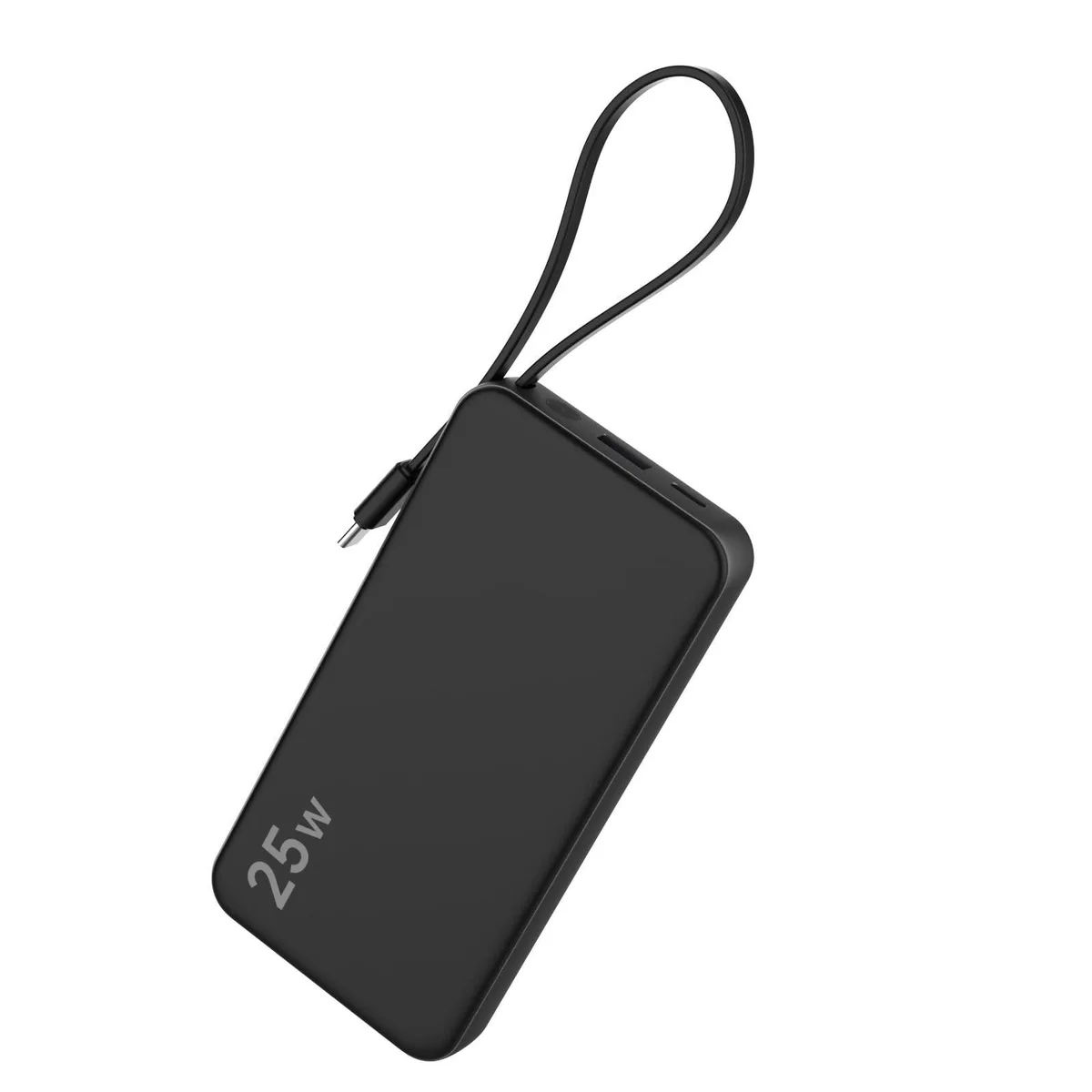 Black rectangular power bank with built-in USB-C cable, LED display, slim profile