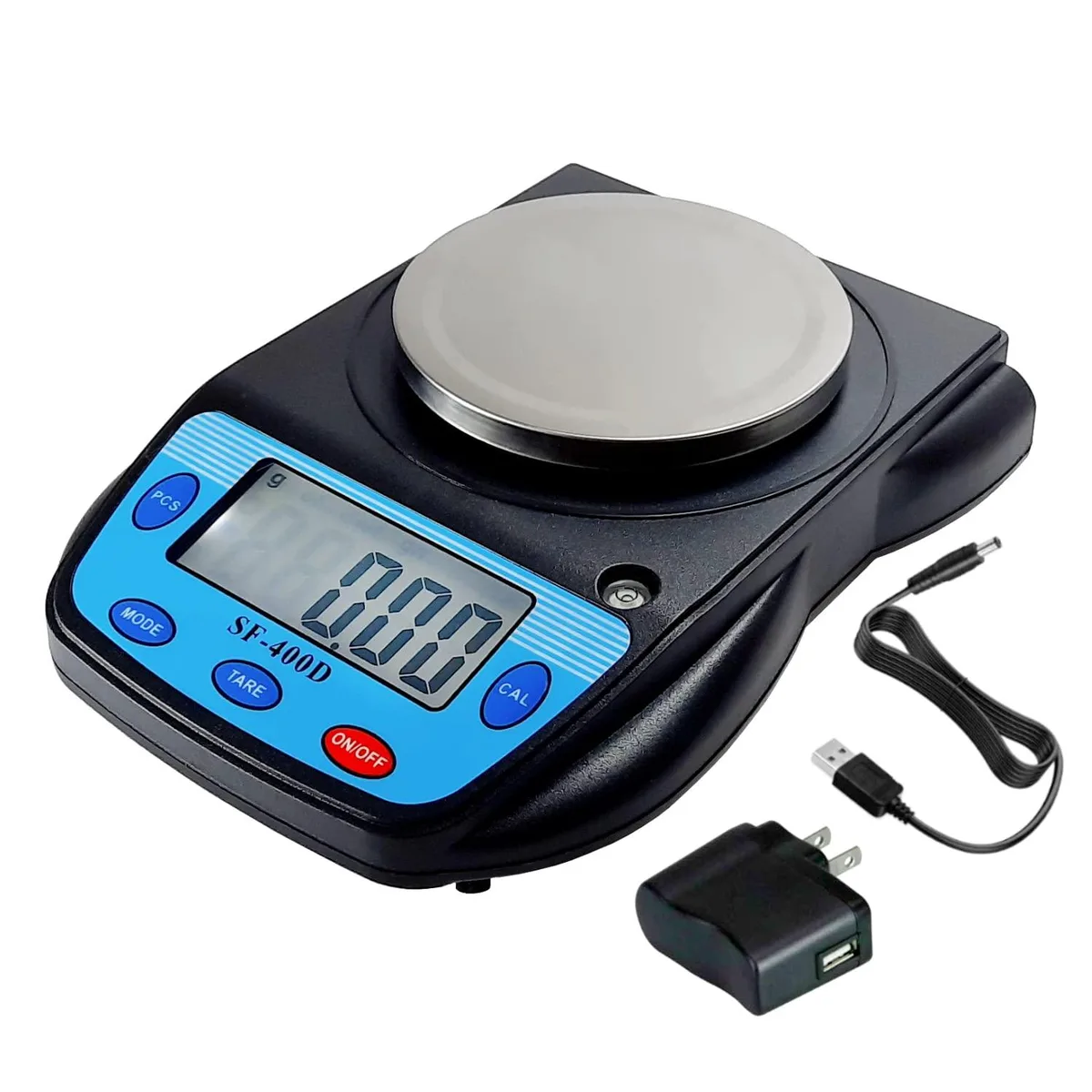 Twelve compact digital balances with round stainless pans and backlit LCDs