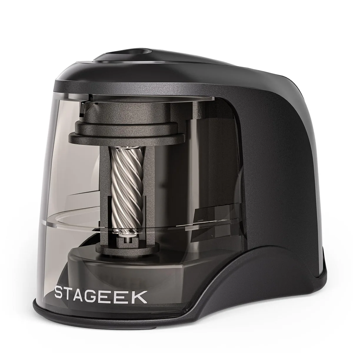 Black electric pencil sharpener with large shavings tray