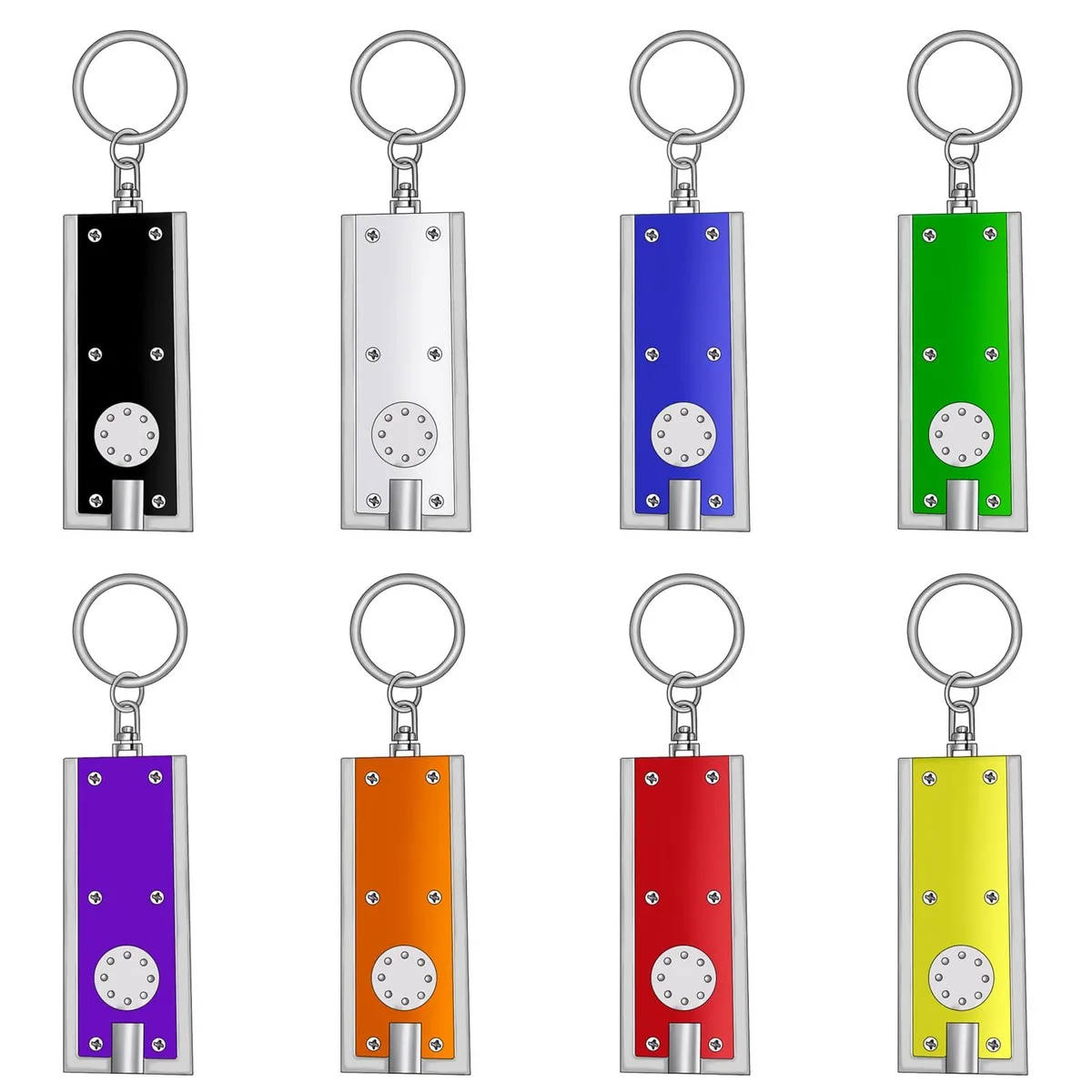 Eight tiny white plastic keychain flashlights with metal split rings, each about four centimetres long