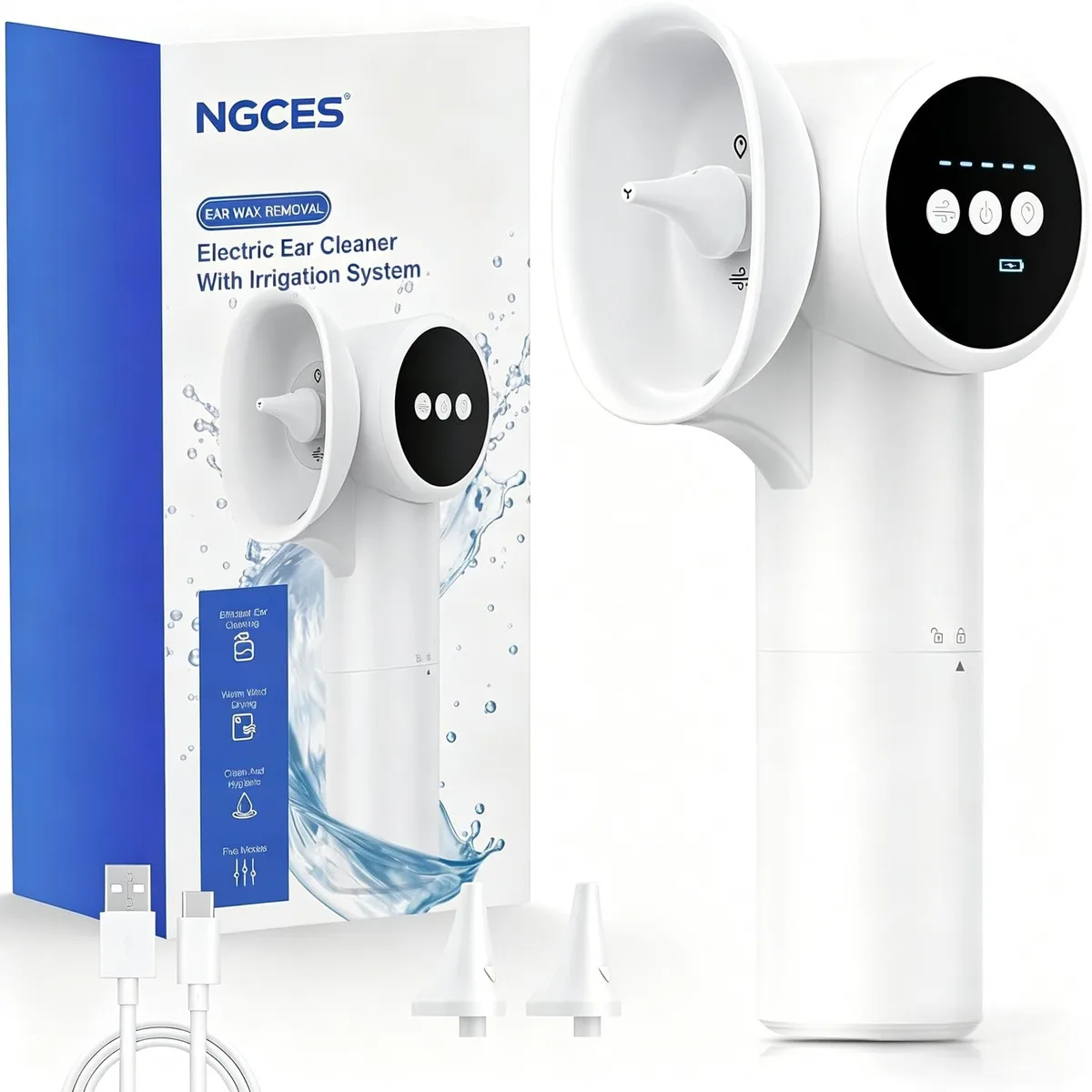 White electric ear cleaner with dual tanks and spray nozzles