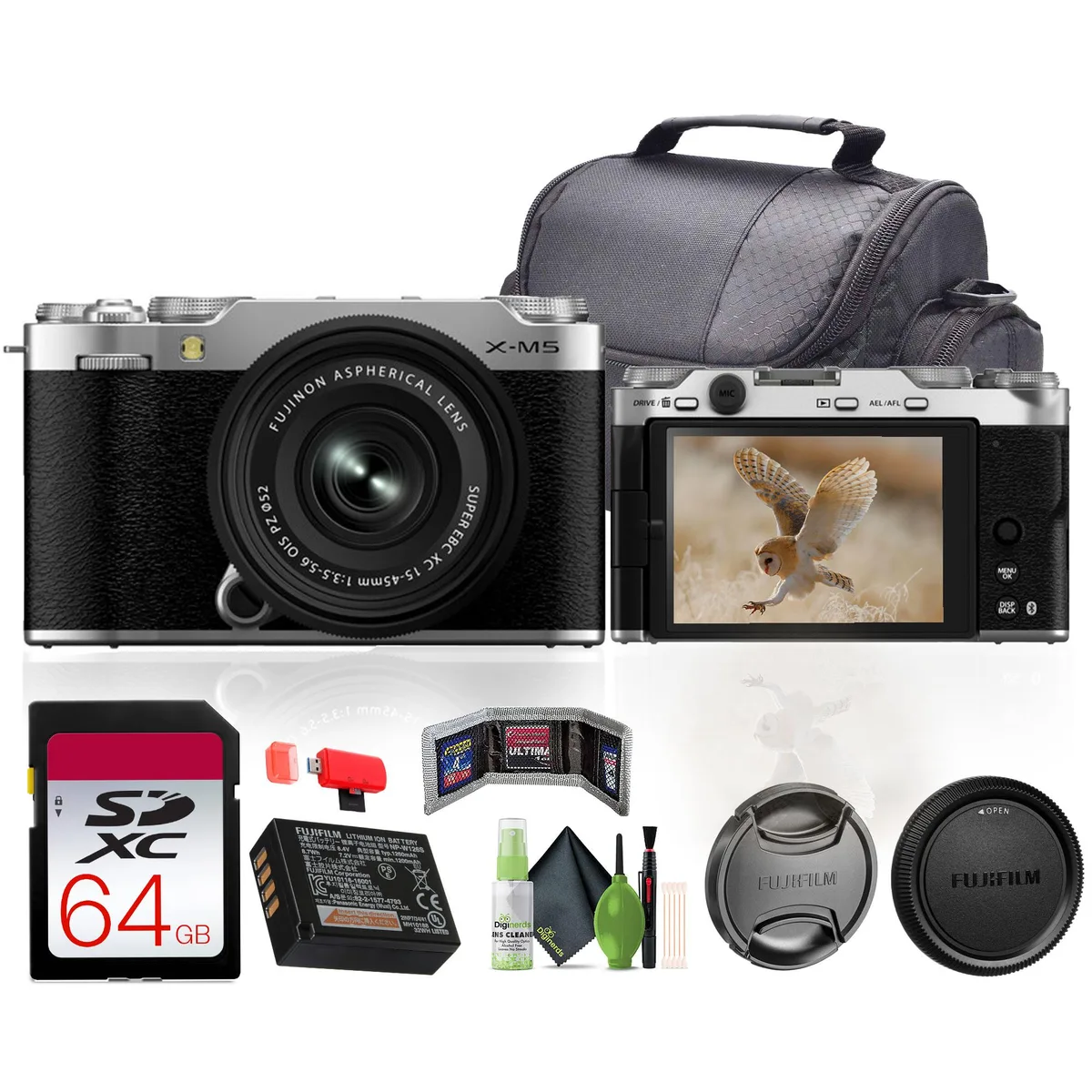 FUJIFILM FUJIFILM X-M5 Compact Mirrorless Camera 26.1MP XC 15-45mm f/3.5-5.6 OIS PZ Silver — product photo
