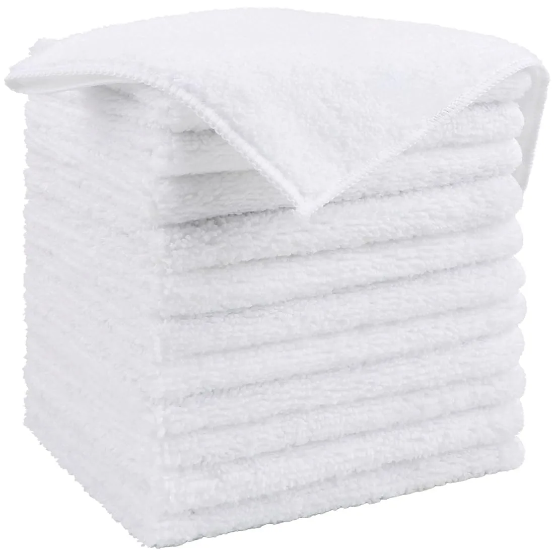 Twelve square white microfiber cloths stacked flat
