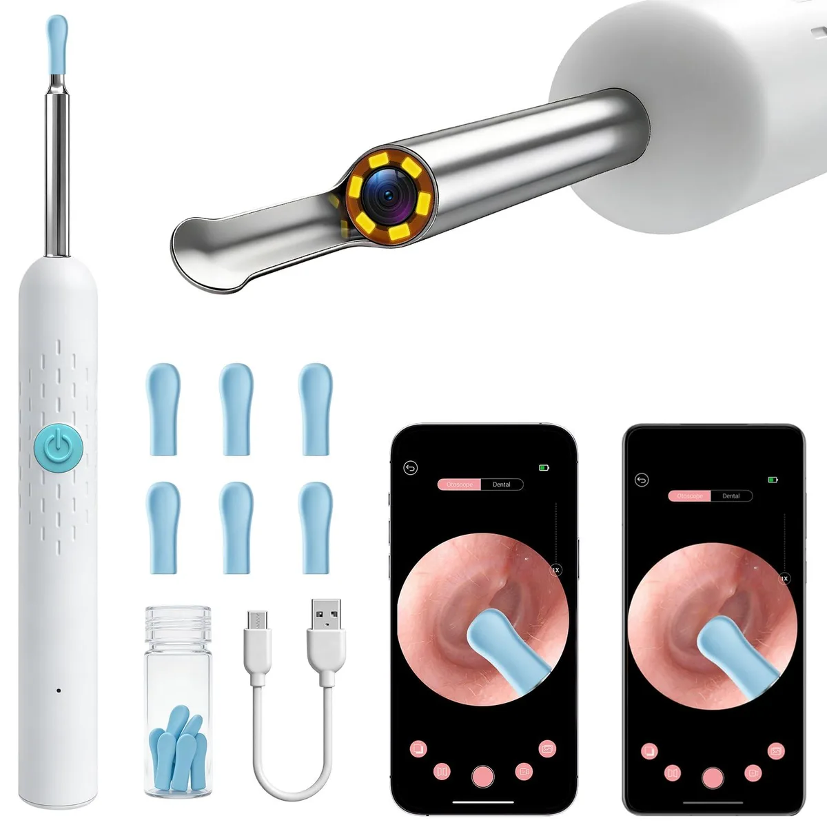 White wireless ear camera, 6.6 in long, with LED lights and silicone tips