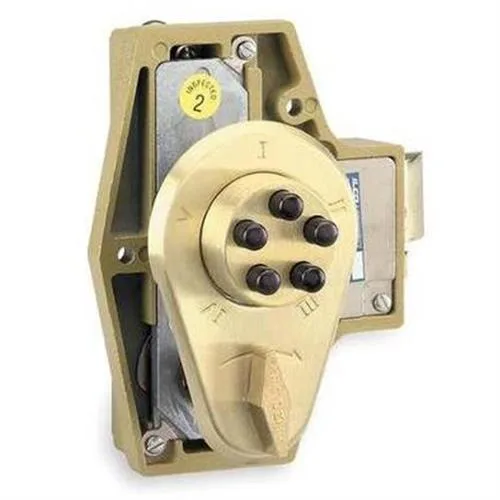Satin brass mechanical pushbutton door lock with flat strike plate