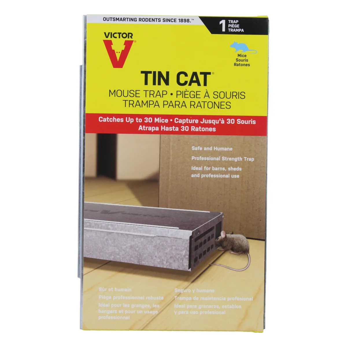 Rectangular metal live mouse trap with clear viewing window and hinged lid