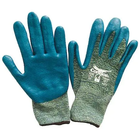Pair of small blue and yellow knit gloves with nitrile palm coating