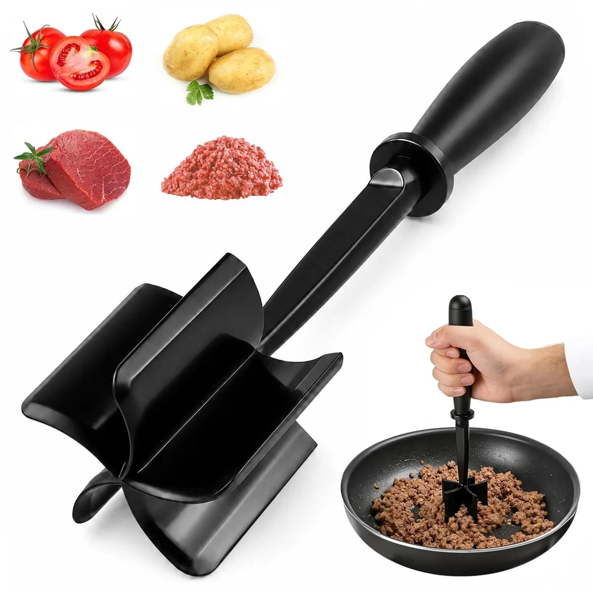 Black nylon meat chopper with five curved blades and ergonomic handle