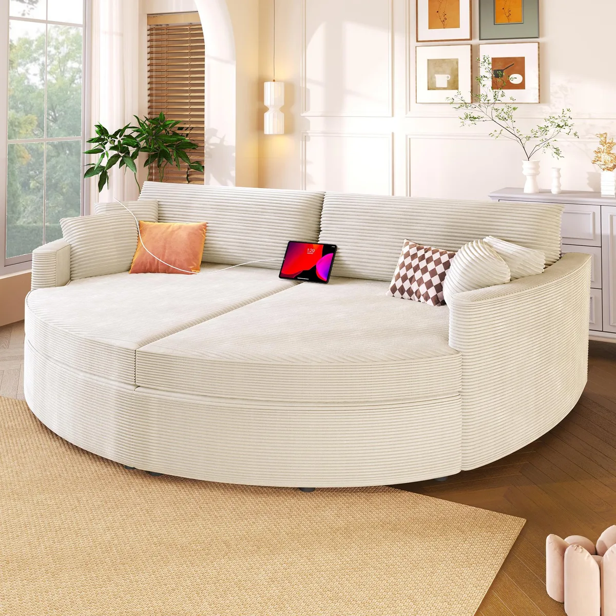 Beige corduroy oversized double chaise lounge sofa bed 102.3 inches wide