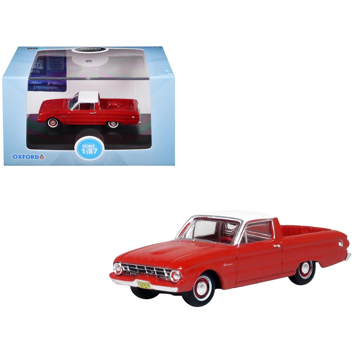 Oxford Diecast Oxford Diecast 1960 Ford Falcon Ranchero Monte Carlo Red Corinthian White Top 1/87 HO Scale Diecast Car — product photo
