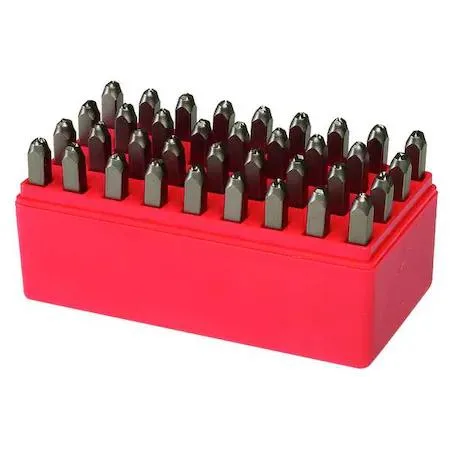 Hand stamp kit with letter and number characters, metal finish
