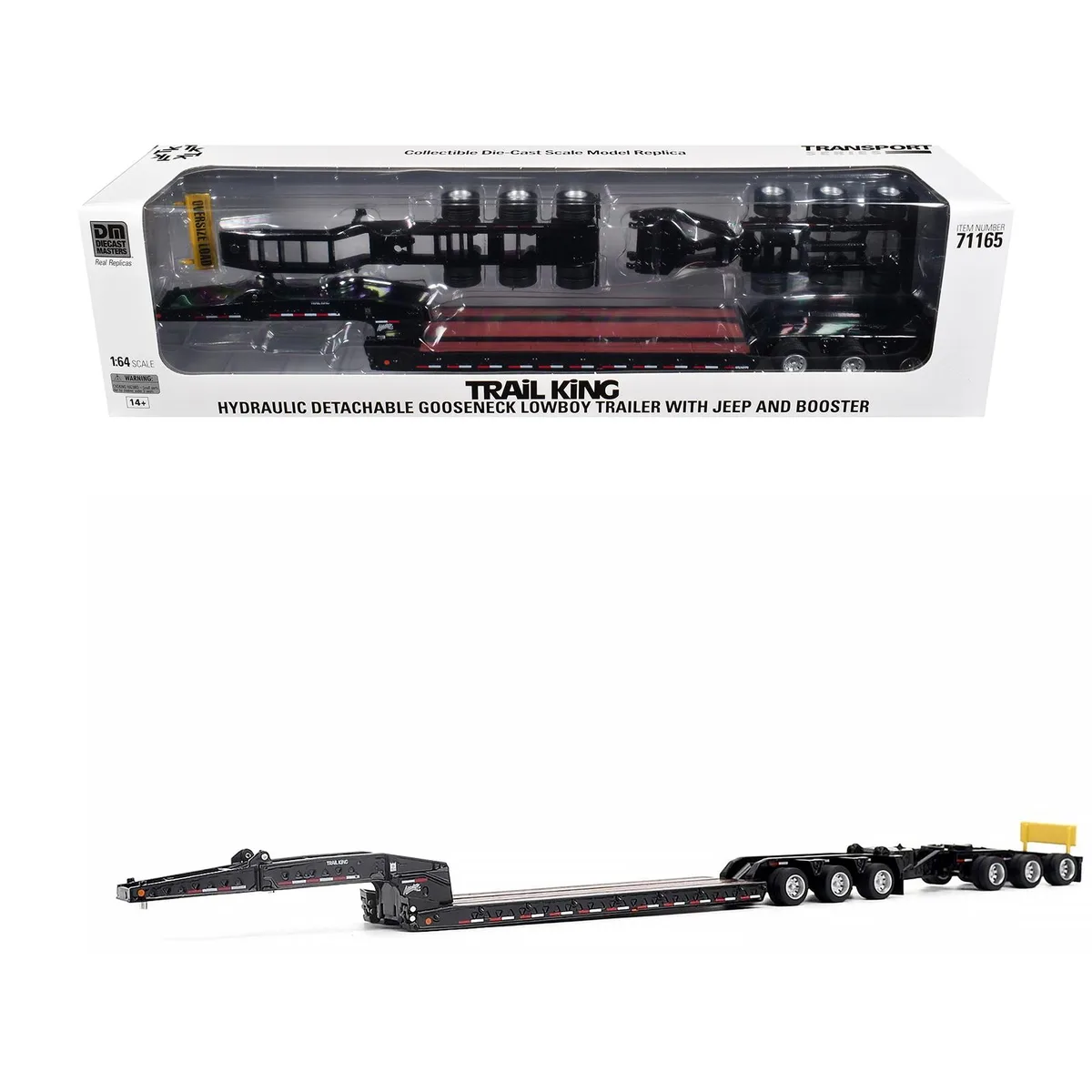 DieCast Masters DieCast Masters Trail King TK170 Lowboy Trailer Black with Jeep and Booster 1/64 hobby collectible — product photo
