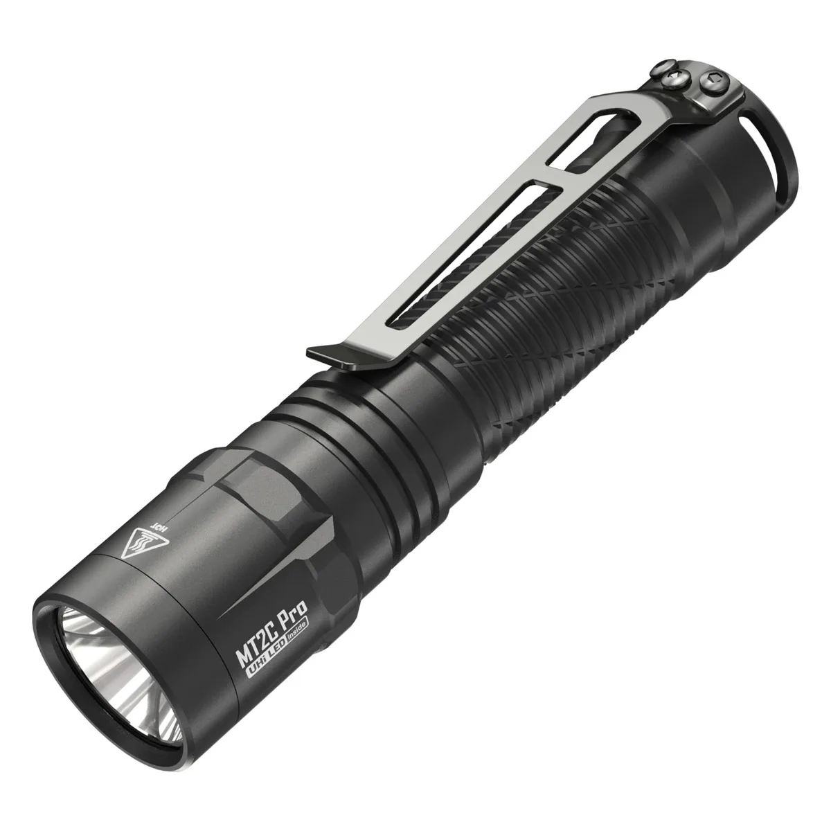 Compact cylindrical EDC flashlight with matte finish and pocket clip