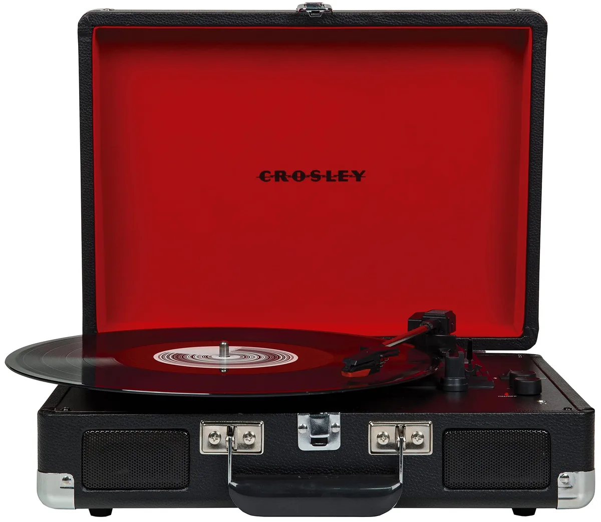 Black and red suitcase turntable with carry handle