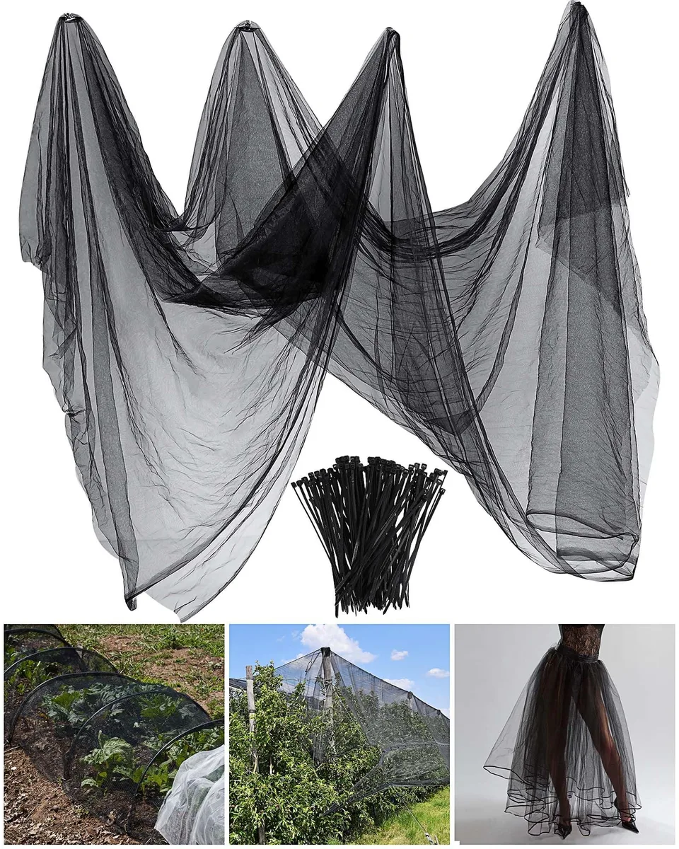 Black rectangular mesh netting sheet with cable ties, 10 by 13 feet