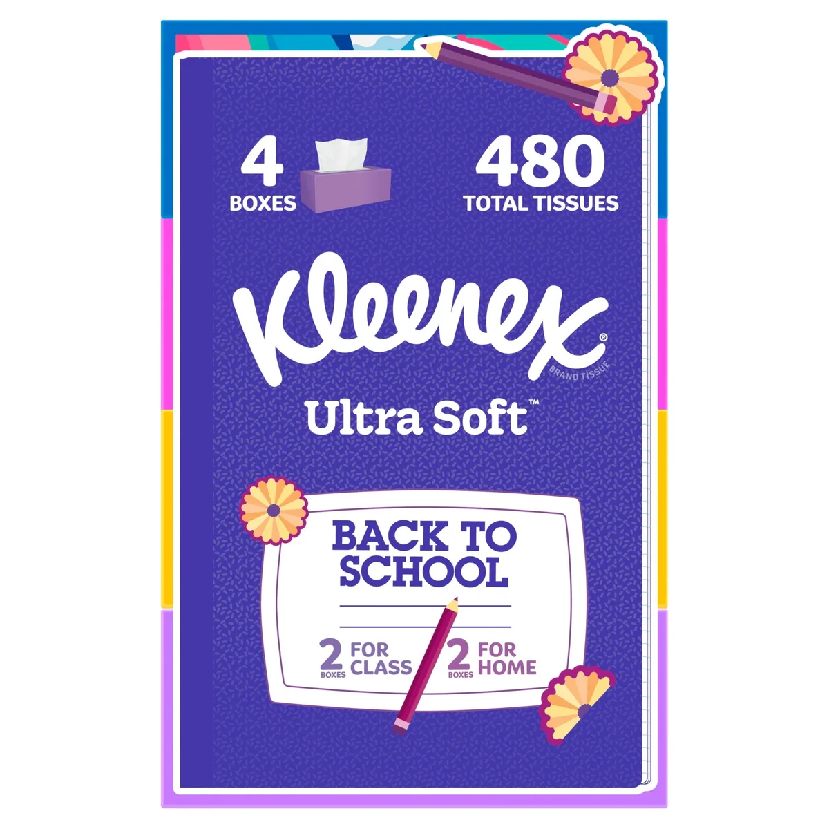 Four white rectangular tissue boxes stacked together, flat cartons with Kleenex branding