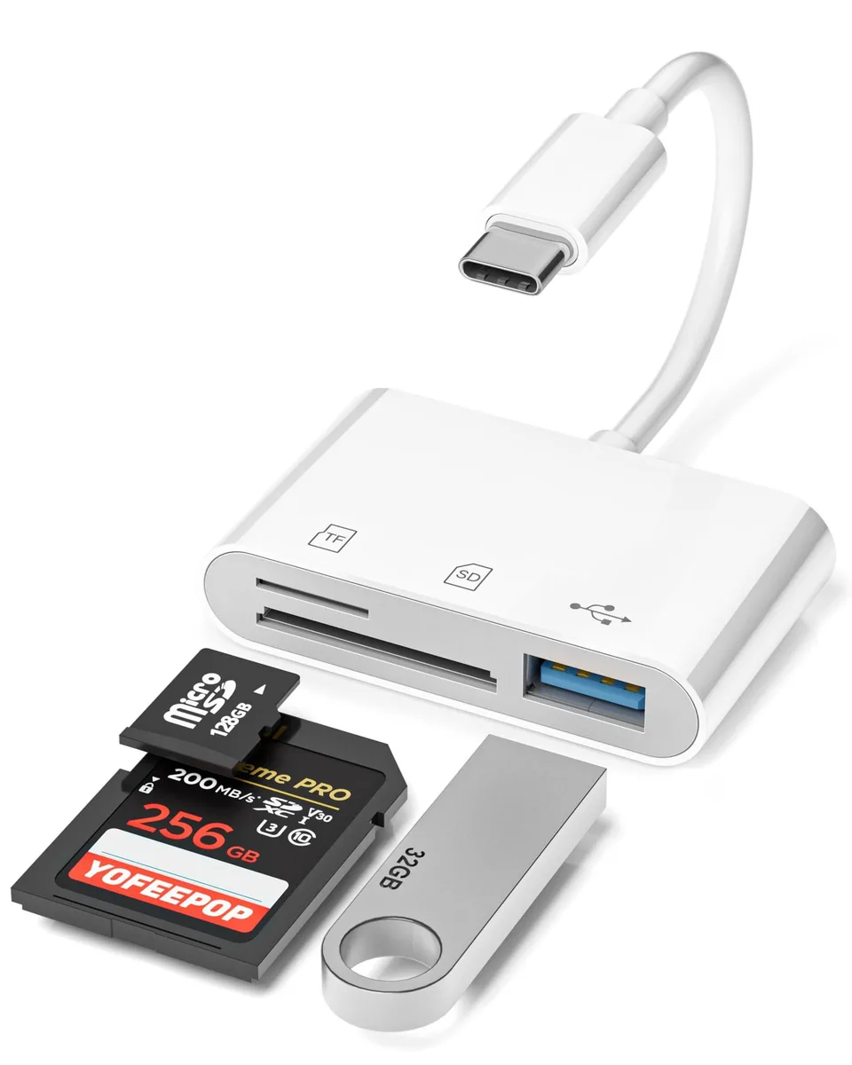 Compact USB-C card reader with SD, microSD slots and USB 3.0 port