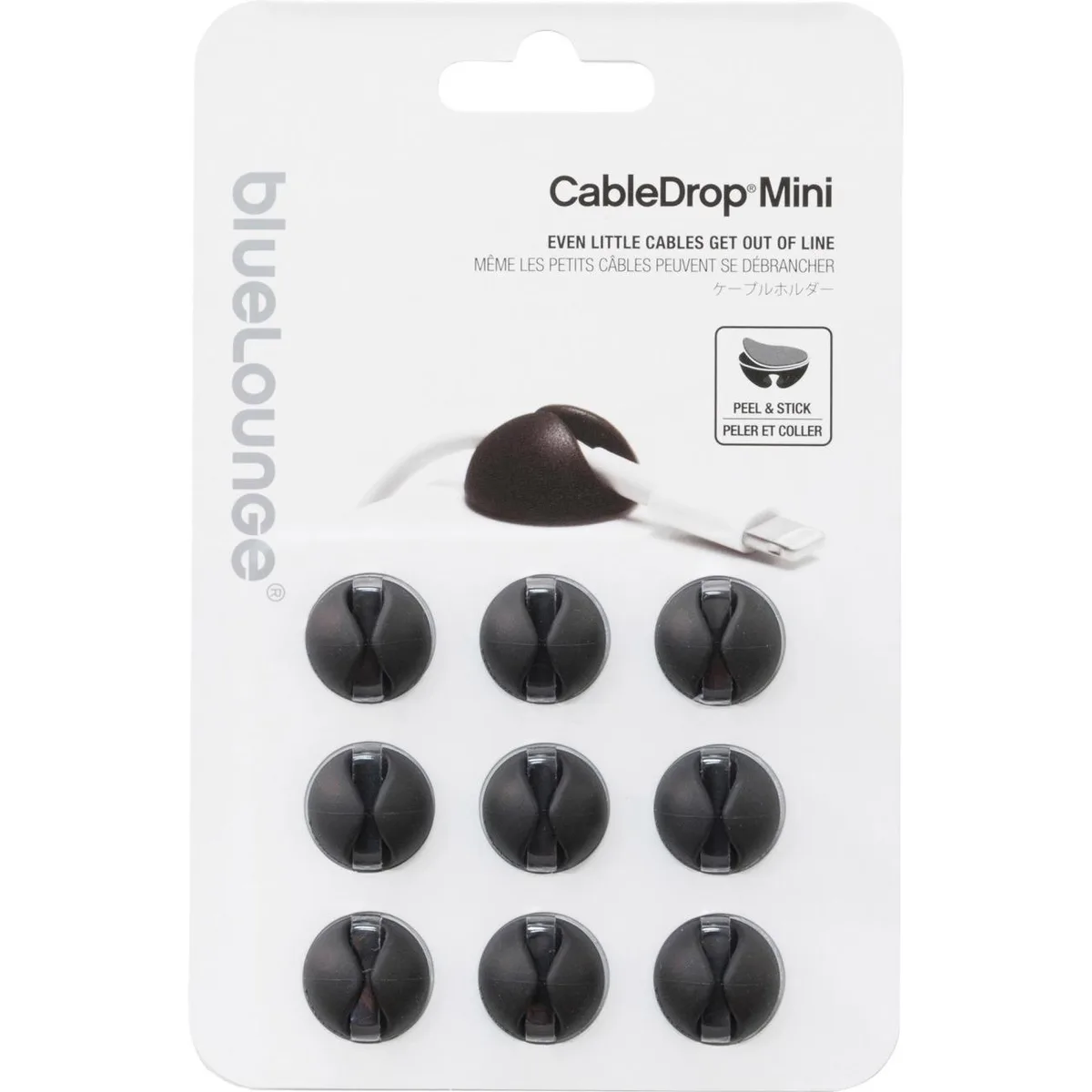 Nine small black cable clips with peel-and-stick backing