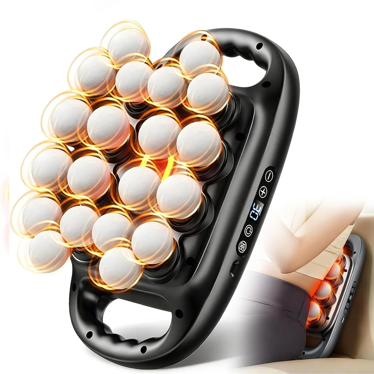 Blue handheld massage gun with ergonomic grip and multiple attachment heads