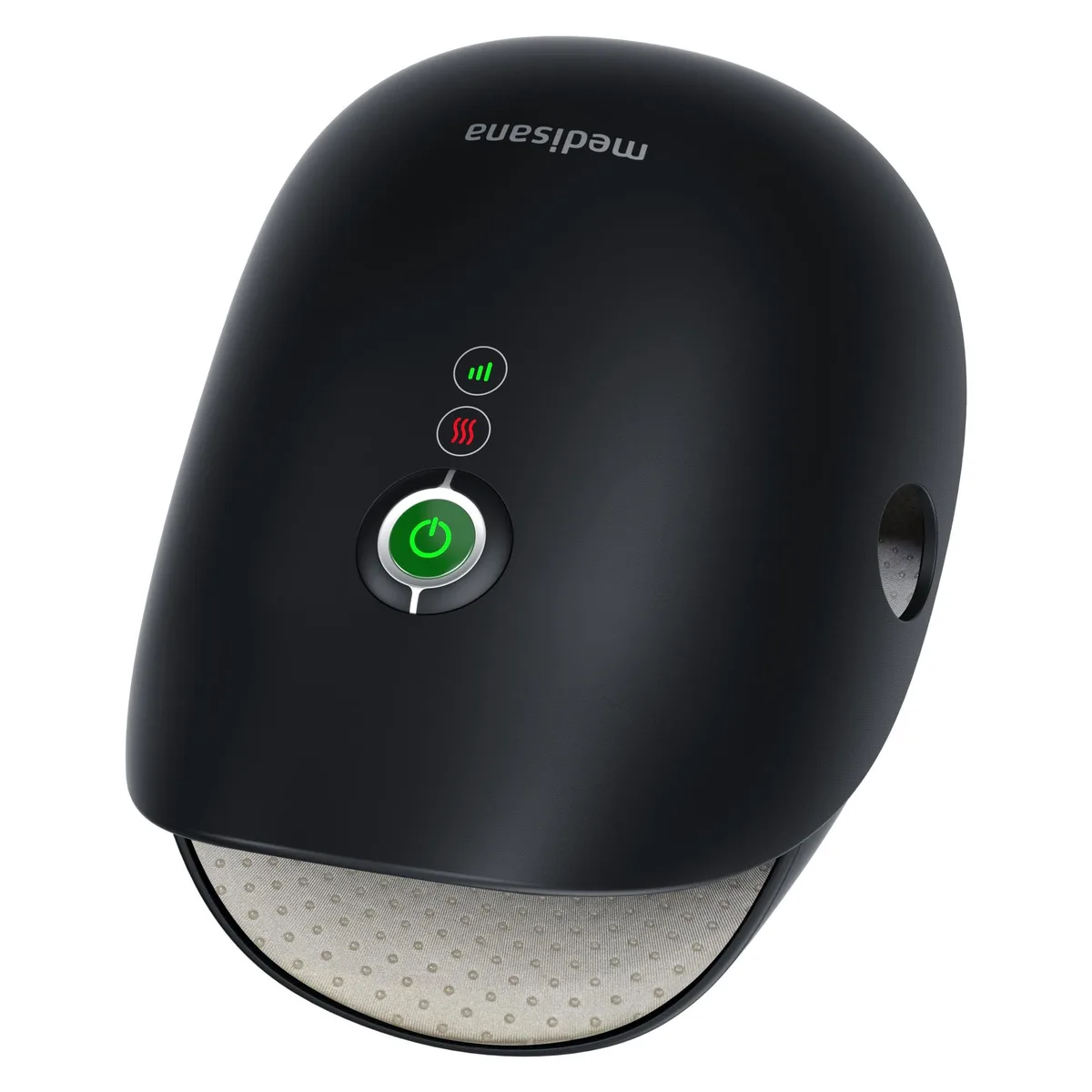 Black cordless hand massager with open finger compartments and textured interior visible