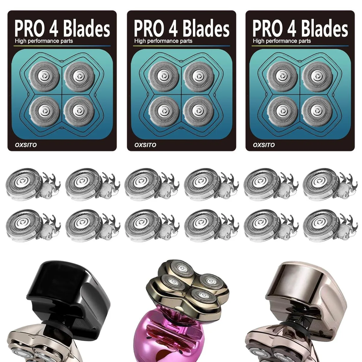 Twelve gold rotary shaver heads in a clear plastic box
