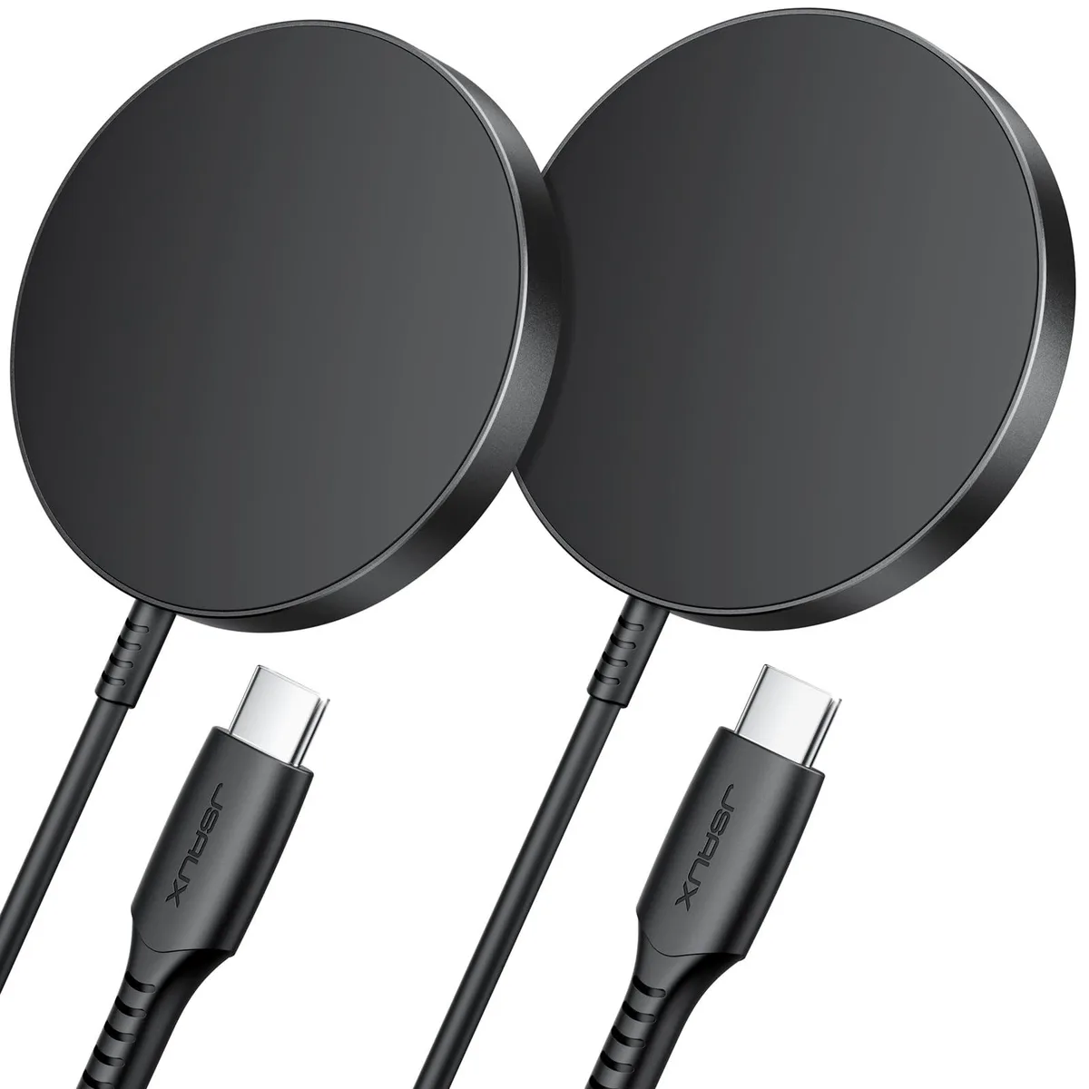 Two black circular wireless charging pads with magnetic alignment rings lying side by side