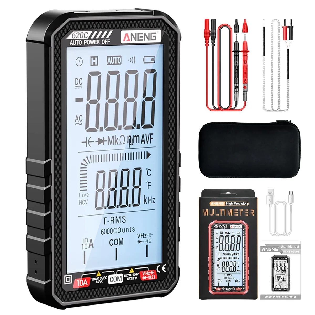 Black rectangular digital multimeter with LCD display and test leads
