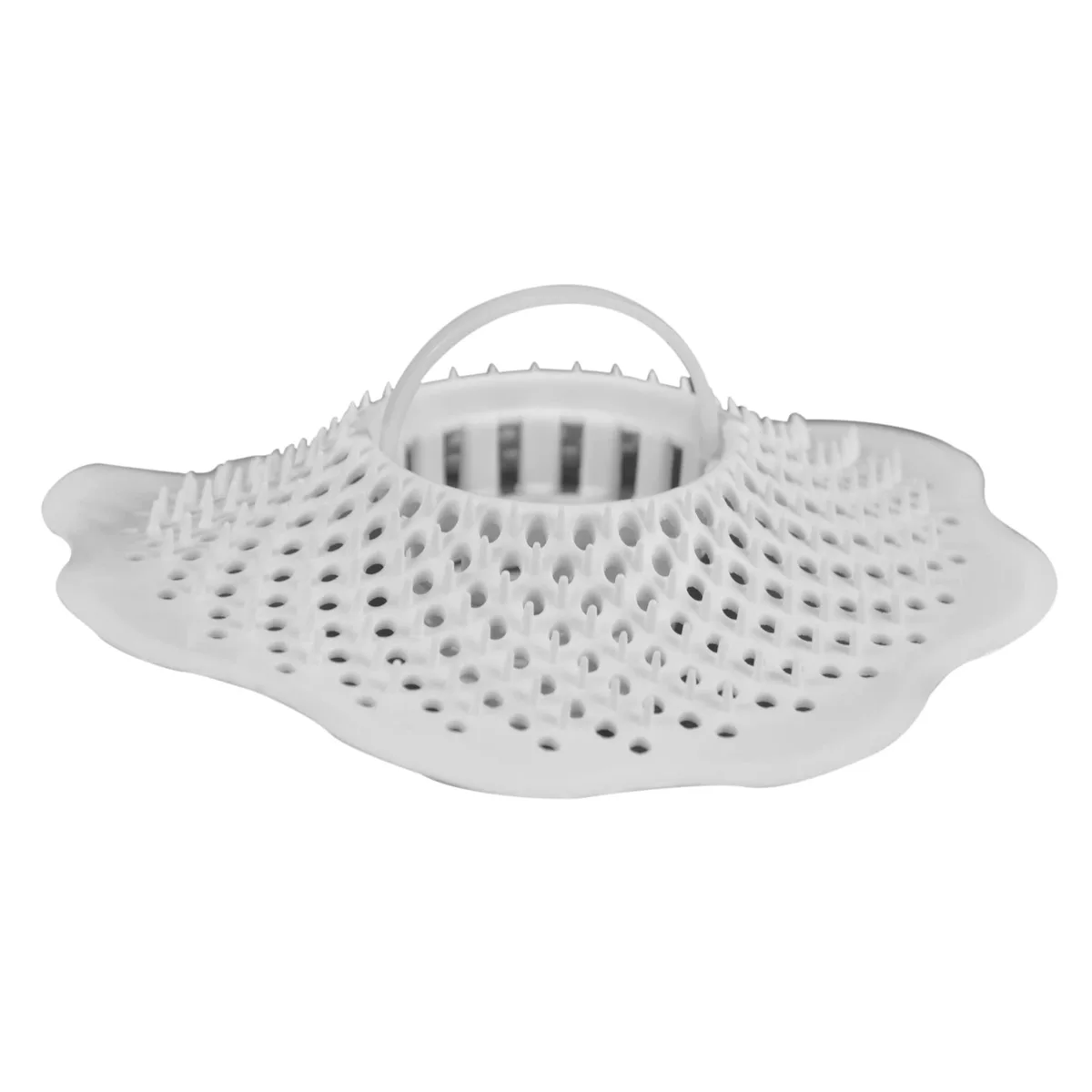 White plastic tub drain strainer with flower petal design and hidden basket