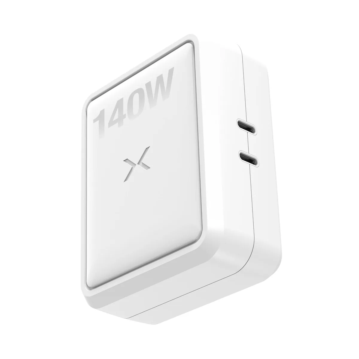 Black rectangular USB-C charger with foldable wall plug and two ports