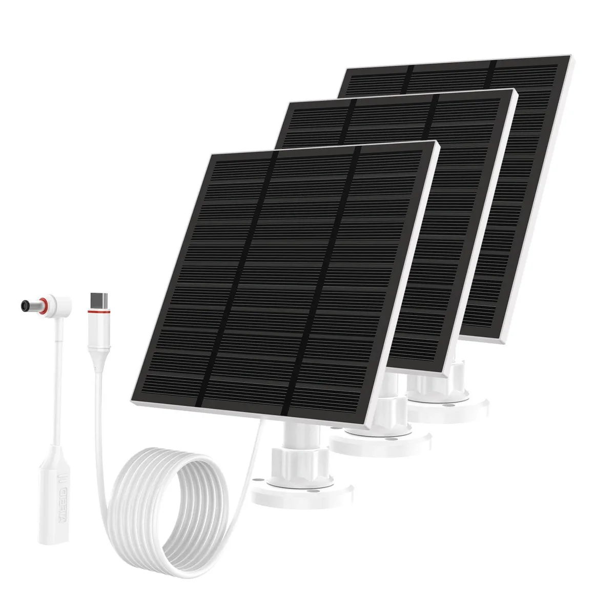 Three white rectangular solar panels with adjustable brackets and cables