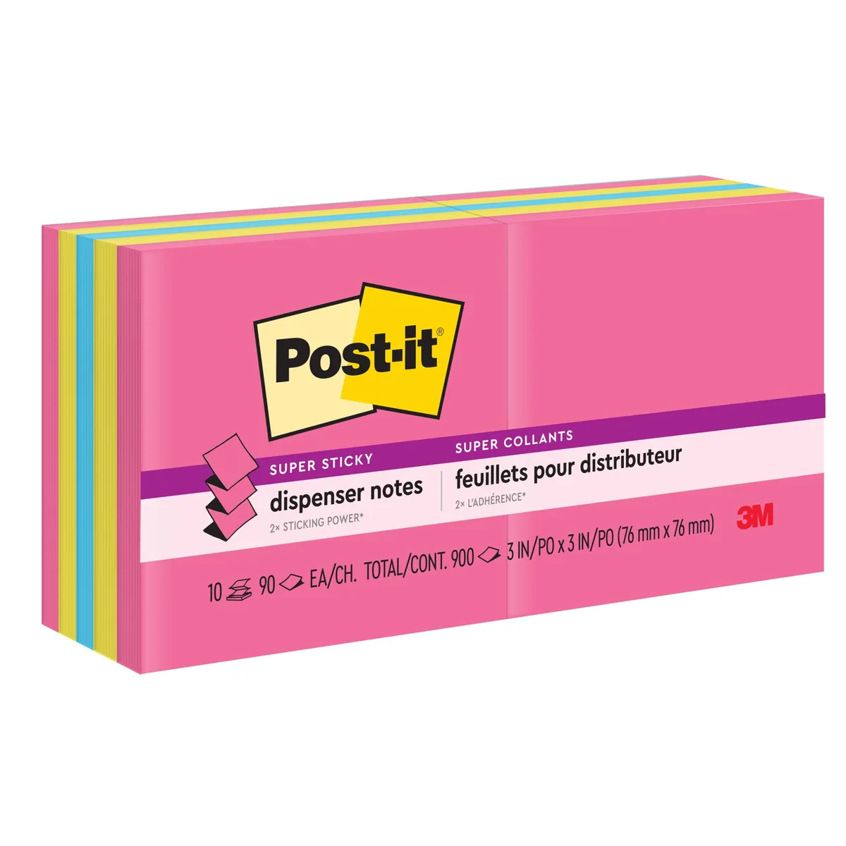Box of 10 pop-up sticky note pads, assorted bright colours