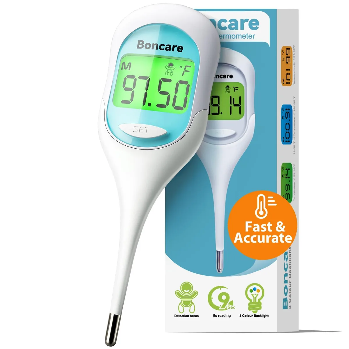 Blue digital thermometer with large LCD display and flexible tip