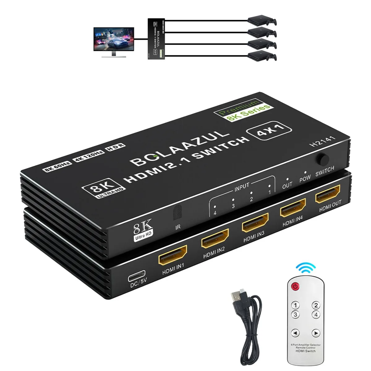 BUCIER BUCIER 4-in-1 HDMI 2.1 Switch 4K 120Hz 8K 60Hz Remote — product photo