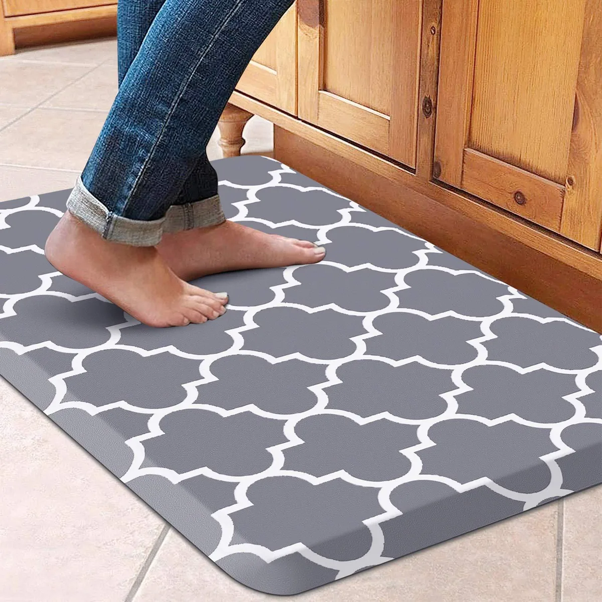 Rectangular grey kitchen mat with floral pattern, 17.3 by 28 inches