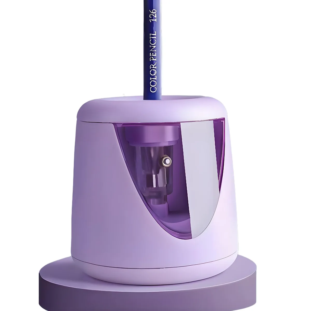 Purple plastic electric pencil sharpener with transparent shavings box and power cord